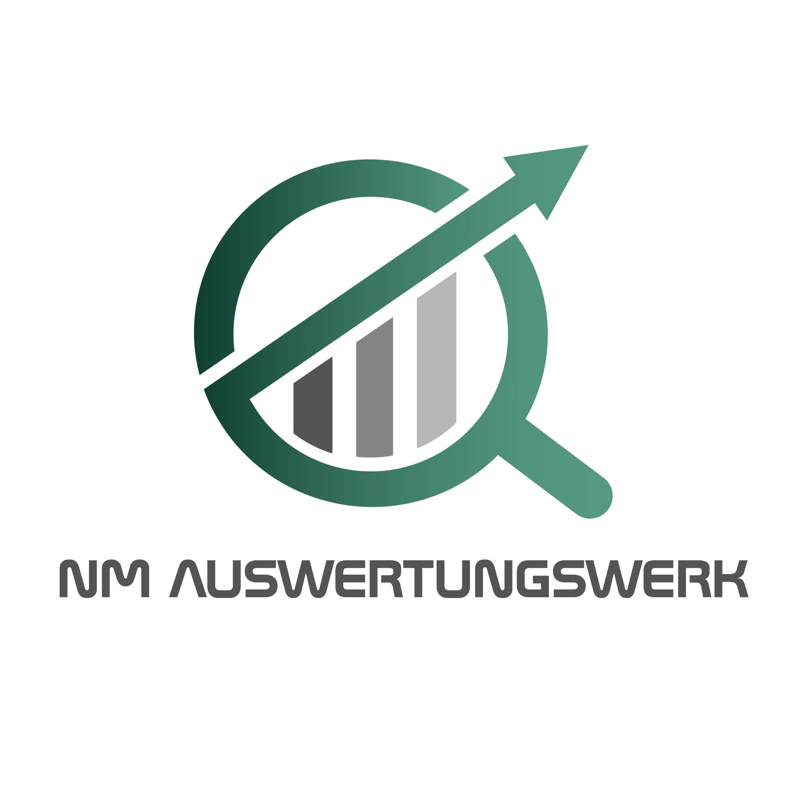 Logo von NM Auswertungswerk mit stilisierter Lupe, Balkendiagramm und Aufwärtspfeil – Symbol für präzise Datenanalyse und Maschinenüberwachung.